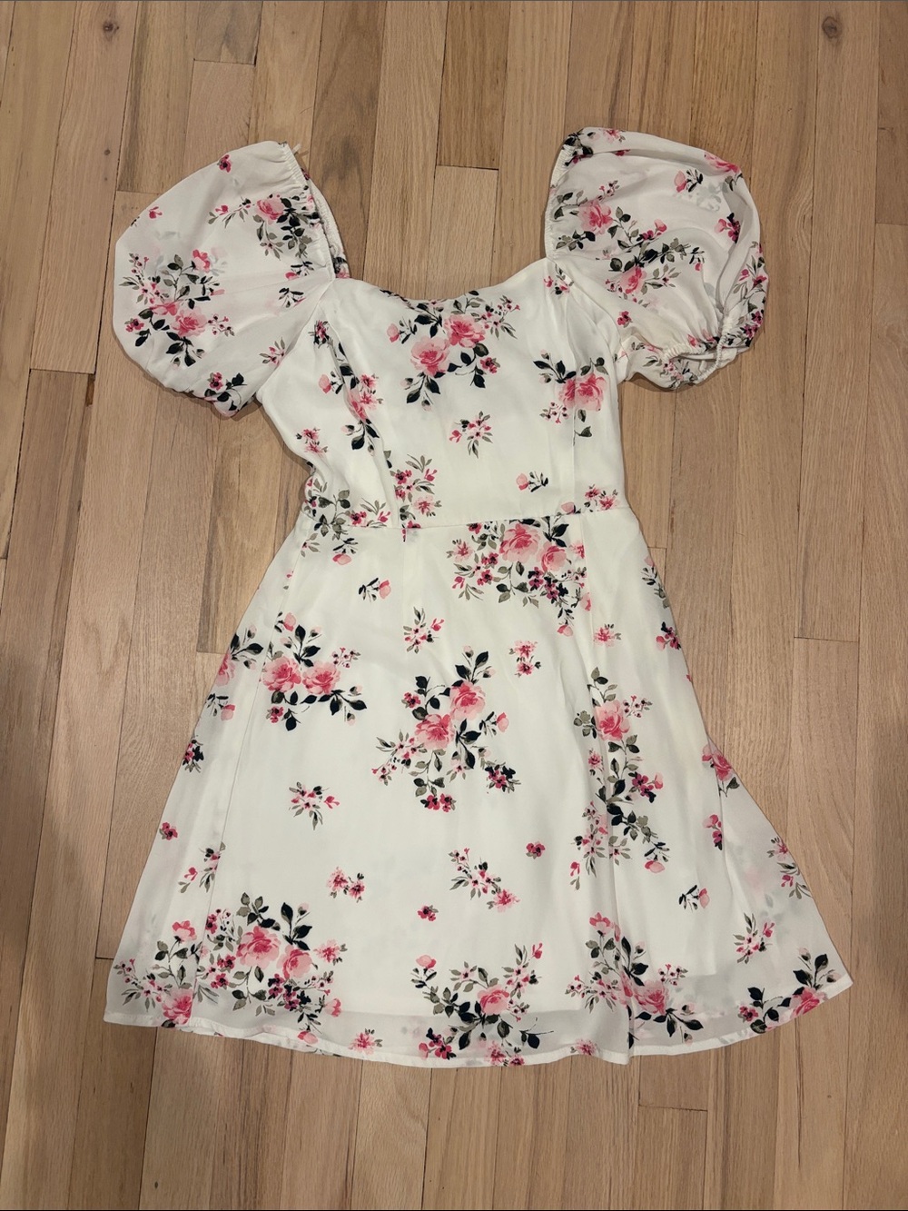 miami White Floral Puff-Sleeve A-Line Dress